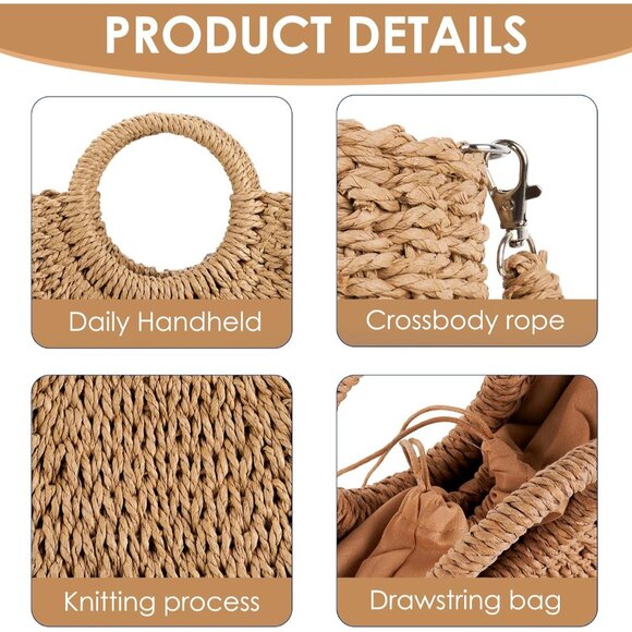Boho Straw Crossbody Bag Small Woven Purse with Round Handle for Women - Picture 3 of 6